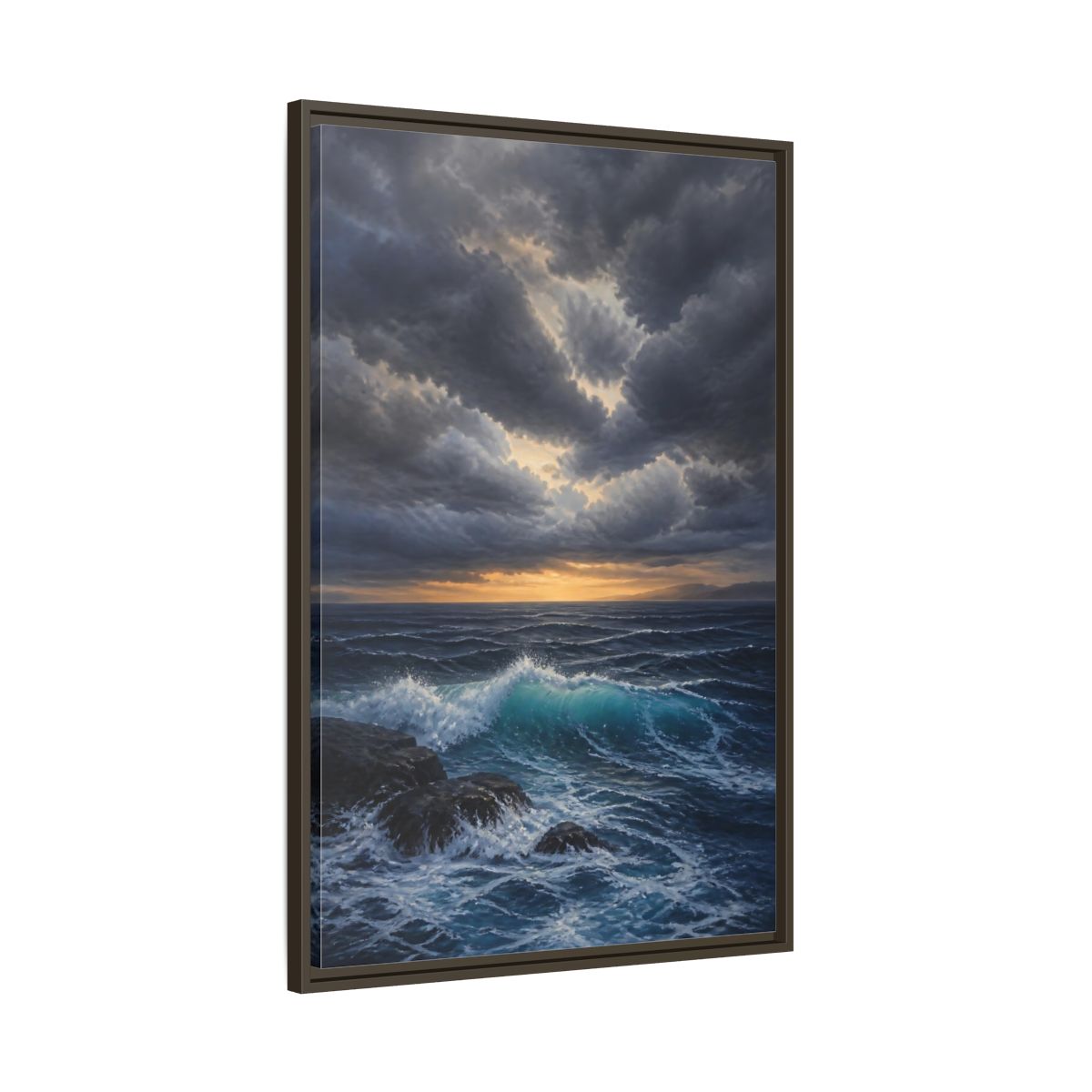 Main Mockup. Nature Ocean Waves Ocean Sunset Dark shown as stretched canvas wall art