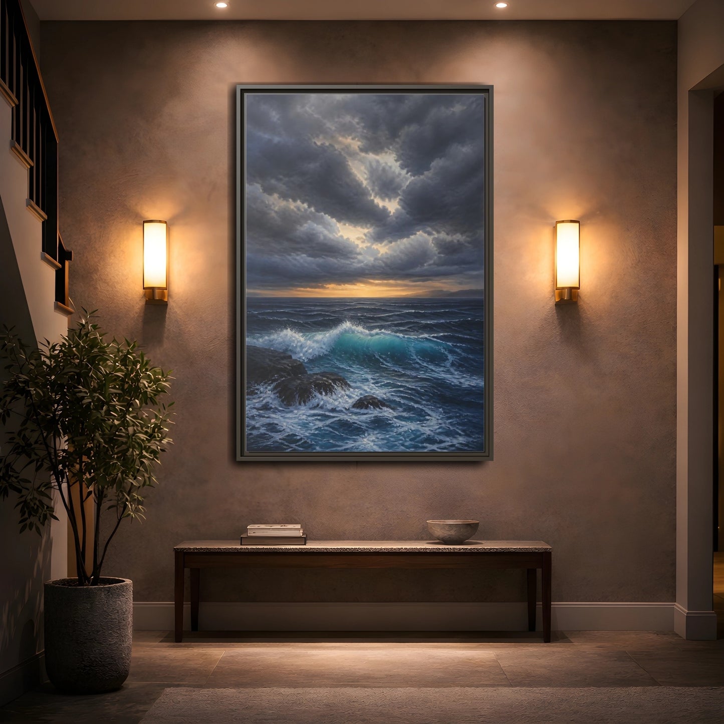 Mockup 2. Nature Ocean Waves Ocean Sunset Dark shown as stretched canvas wall art
