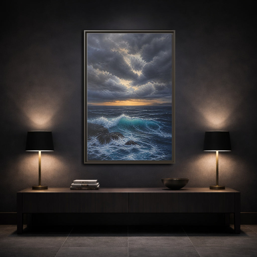 Mockup 3. Nature Ocean Waves Ocean Sunset Dark shown as stretched canvas wall art