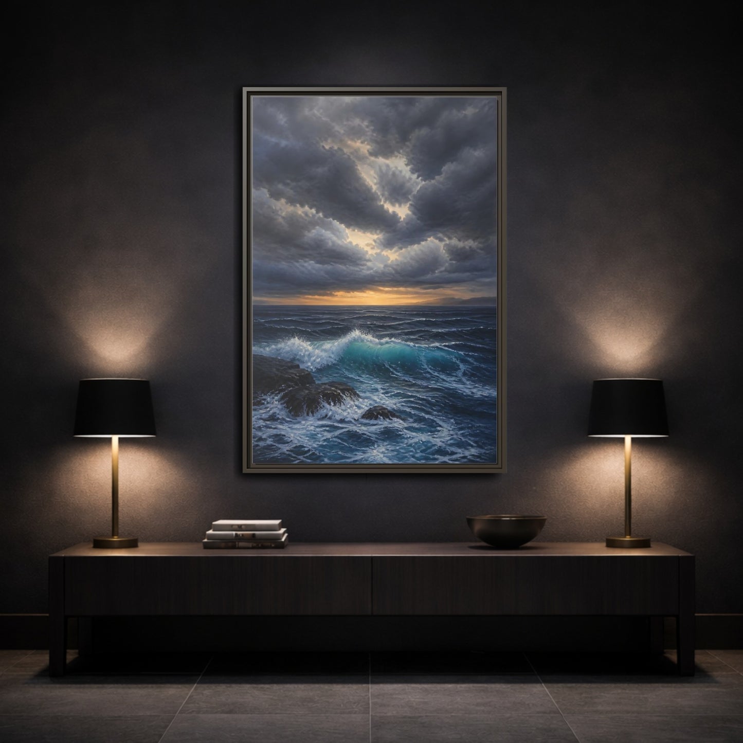 Mockup 3. Nature Ocean Waves Ocean Sunset Dark shown as stretched canvas wall art