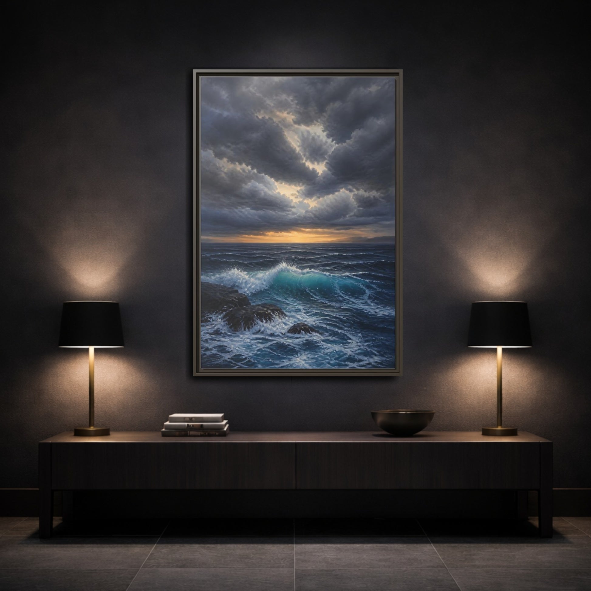 Mockup 3. Nature Ocean Waves Ocean Sunset Dark shown as stretched canvas wall art