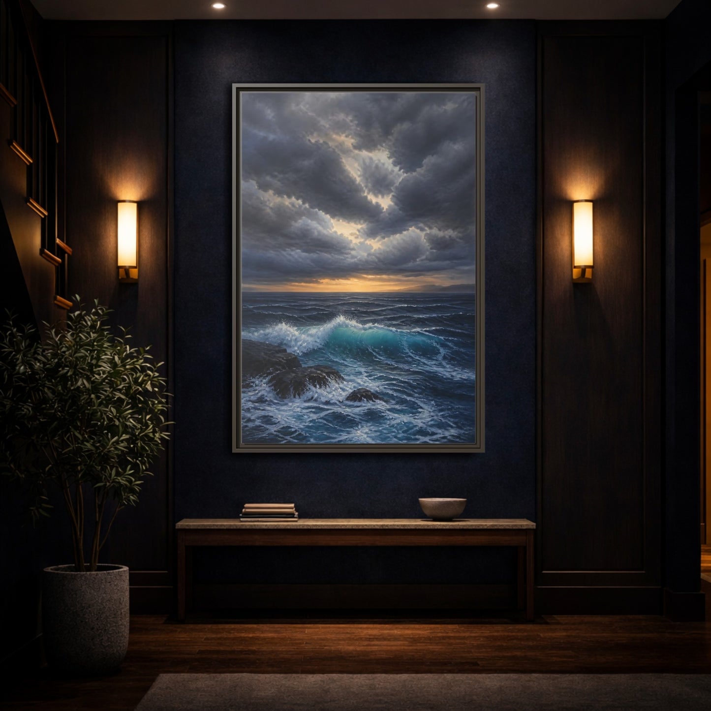 Mockup 4. Nature Ocean Waves Ocean Sunset Dark shown as stretched canvas wall art