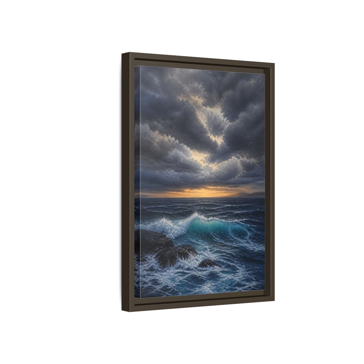 Side Mockup 5. Nature Ocean Waves Ocean Sunset Dark shown as stretched canvas wall art