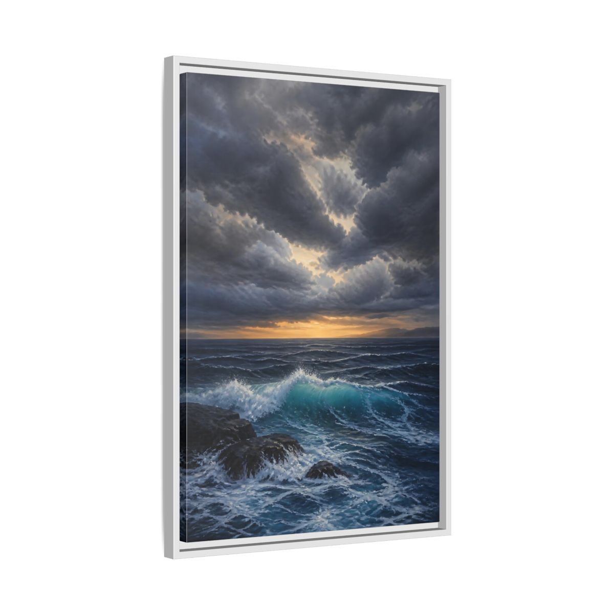 Side Mockup 10. Nature Ocean Waves Ocean Sunset Dark shown as stretched canvas wall art