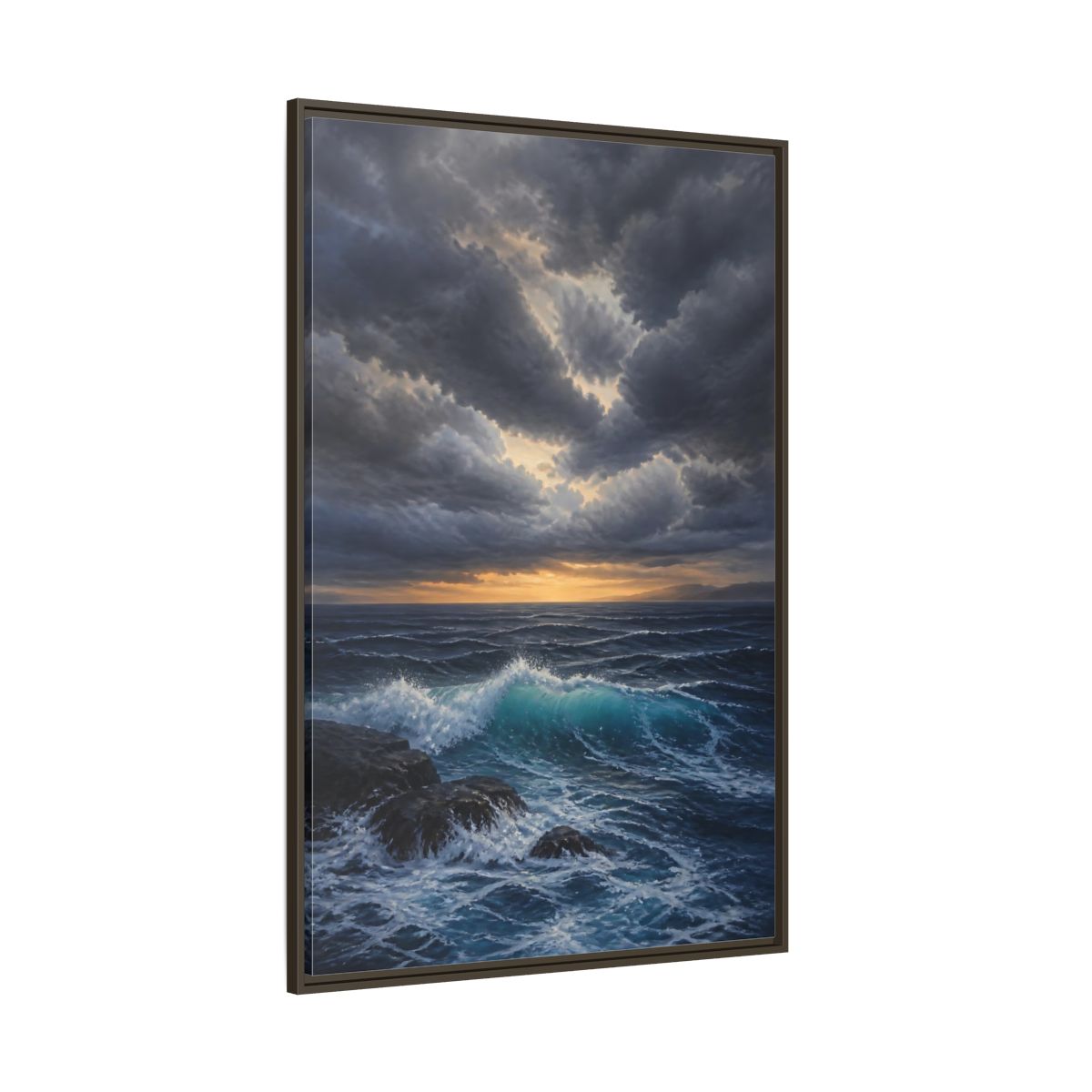 Side Mockup 8. Nature Ocean Waves Ocean Sunset Dark shown as stretched canvas wall art