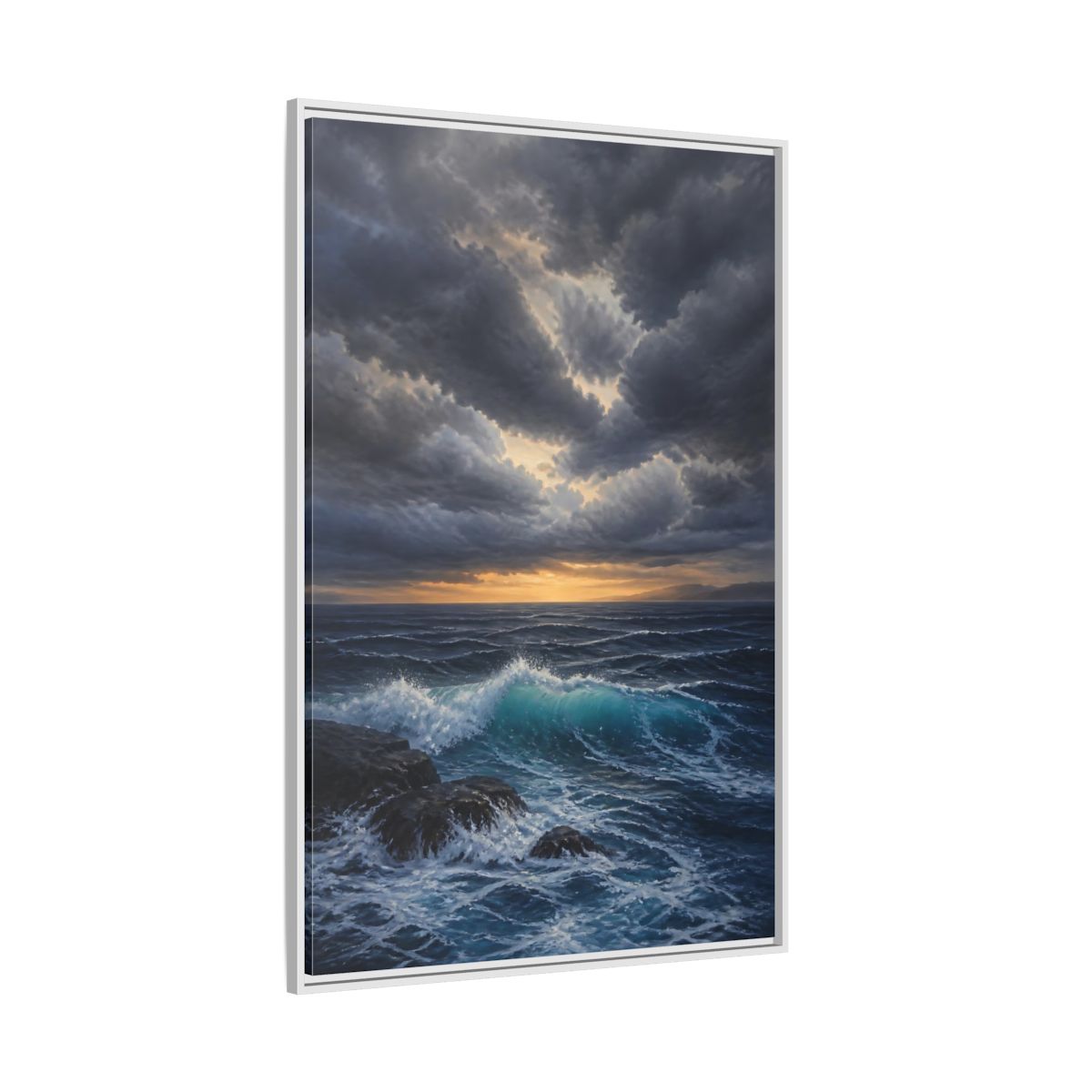 Side Mockup 7. Nature Ocean Waves Ocean Sunset Dark shown as stretched canvas wall art