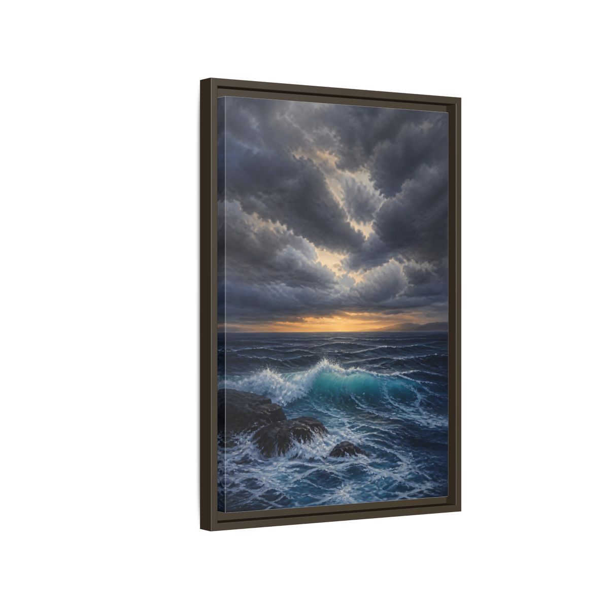 Side Mockup 2. Nature Ocean Waves Ocean Sunset Dark shown as stretched canvas wall art