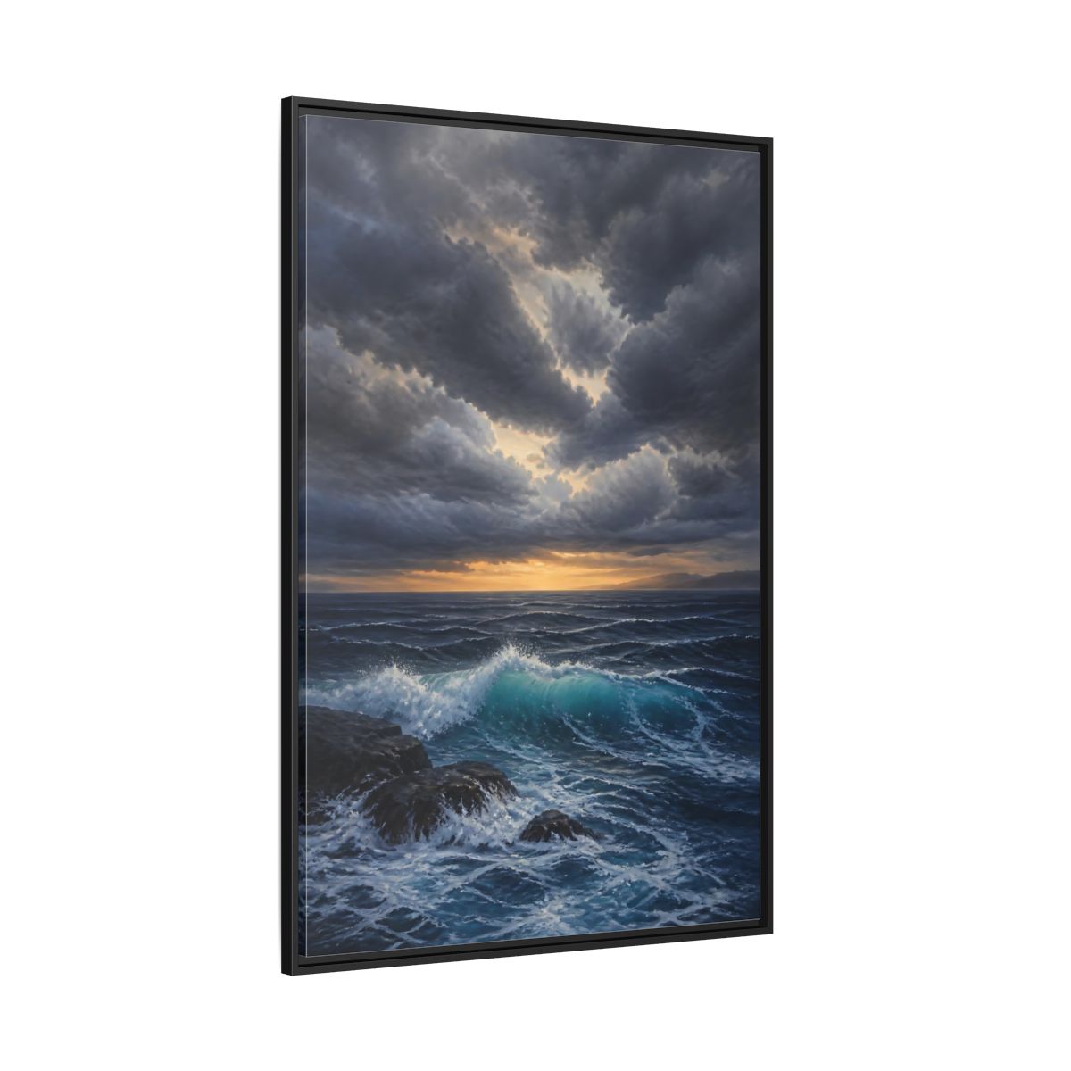 Side Mockup 12. Nature Ocean Waves Ocean Sunset Dark shown as stretched canvas wall art