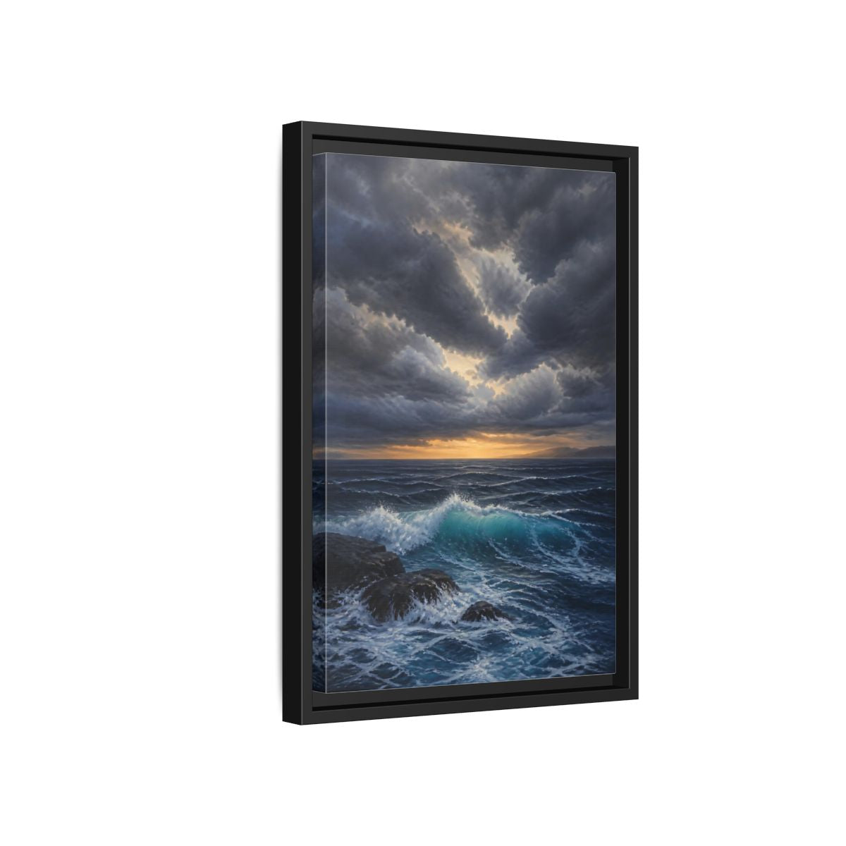 Side Mockup 6. Nature Ocean Waves Ocean Sunset Dark shown as stretched canvas wall art
