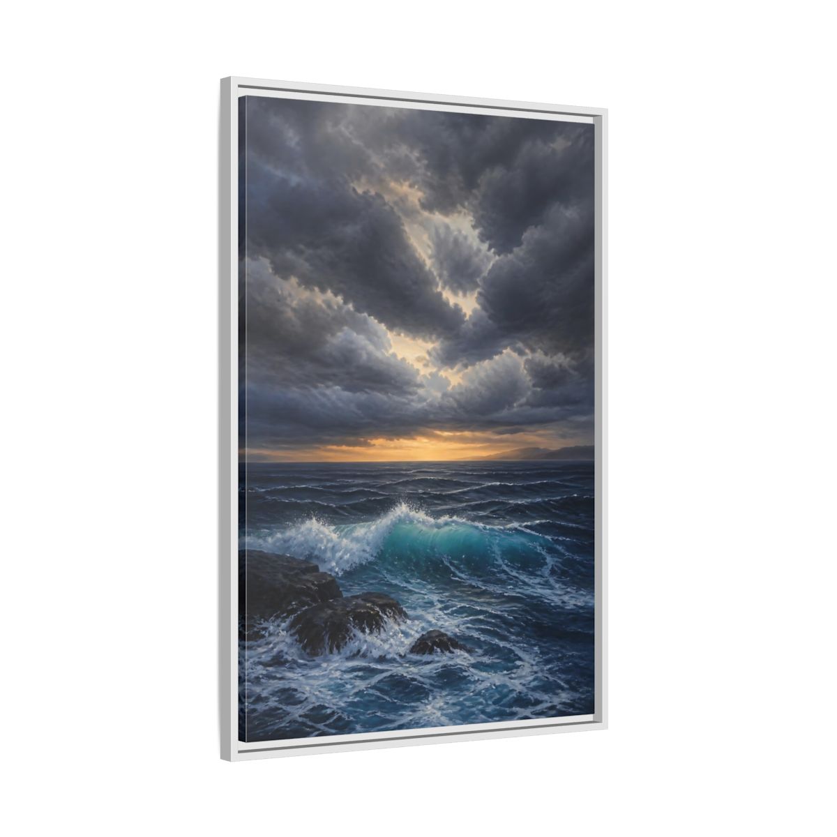 Side Mockup 9. Nature Ocean Waves Ocean Sunset Dark shown as stretched canvas wall art