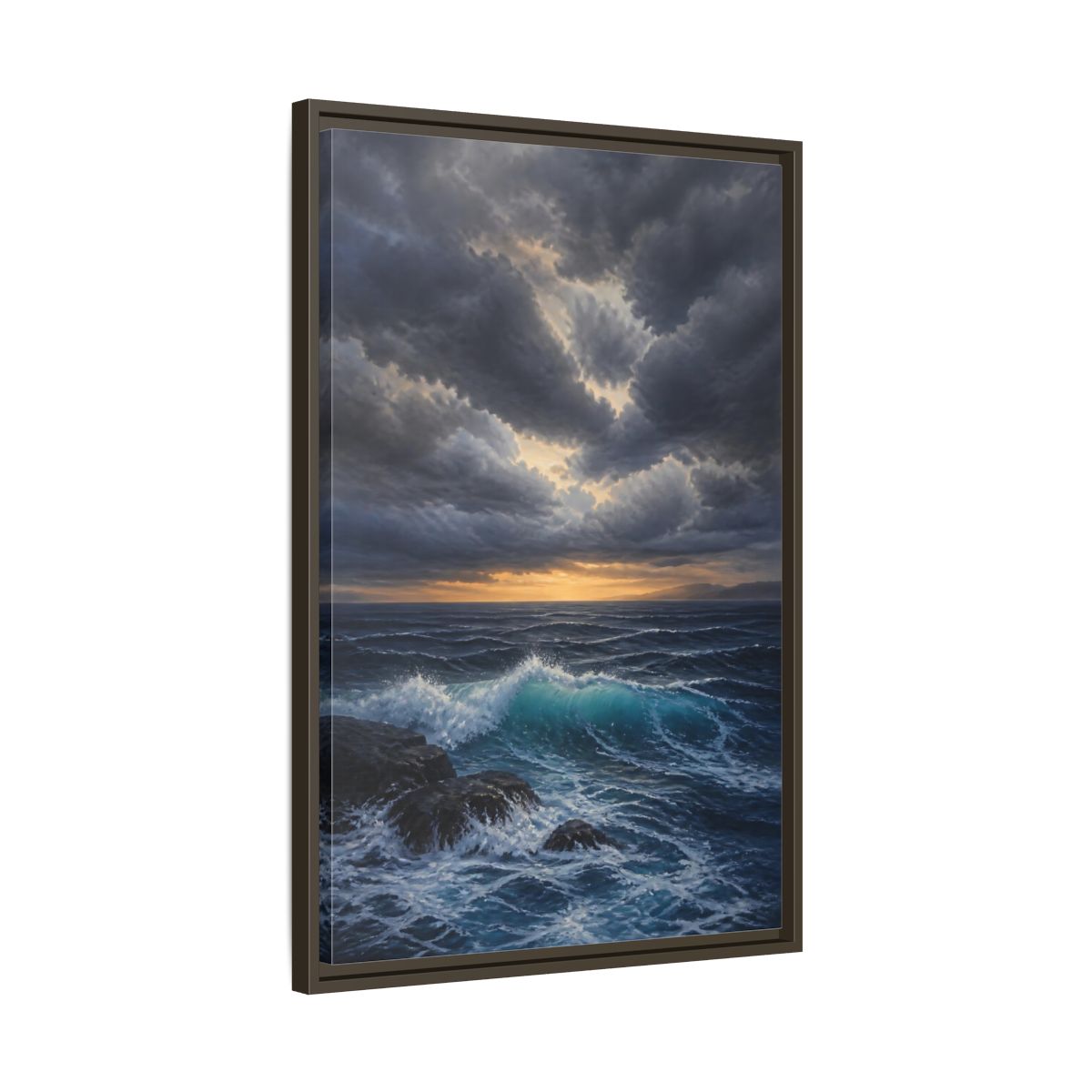 Side Mockup 11. Nature Ocean Waves Ocean Sunset Dark shown as stretched canvas wall art