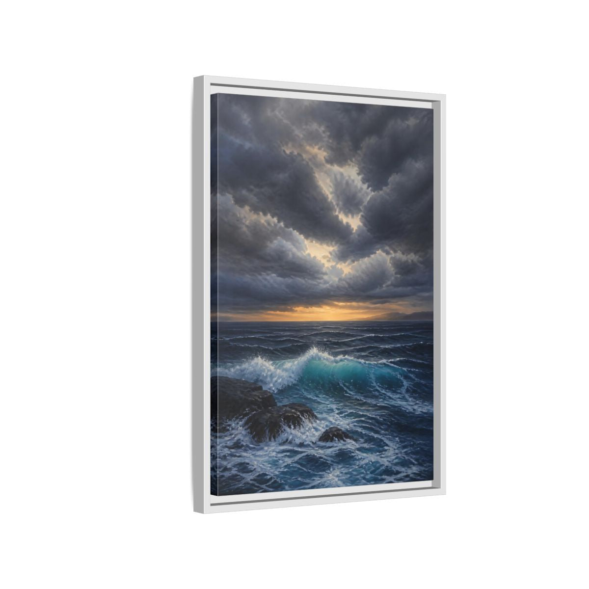 Side Mockup 1. Nature Ocean Waves Ocean Sunset Dark shown as stretched canvas wall art