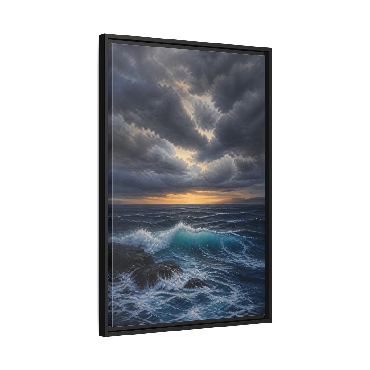 Side Mockup 14. Nature Ocean Waves Ocean Sunset Dark shown as stretched canvas wall art
