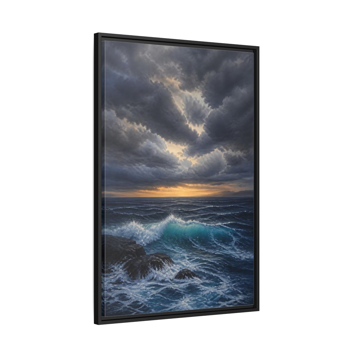 Side Mockup 13. Nature Ocean Waves Ocean Sunset Dark shown as stretched canvas wall art