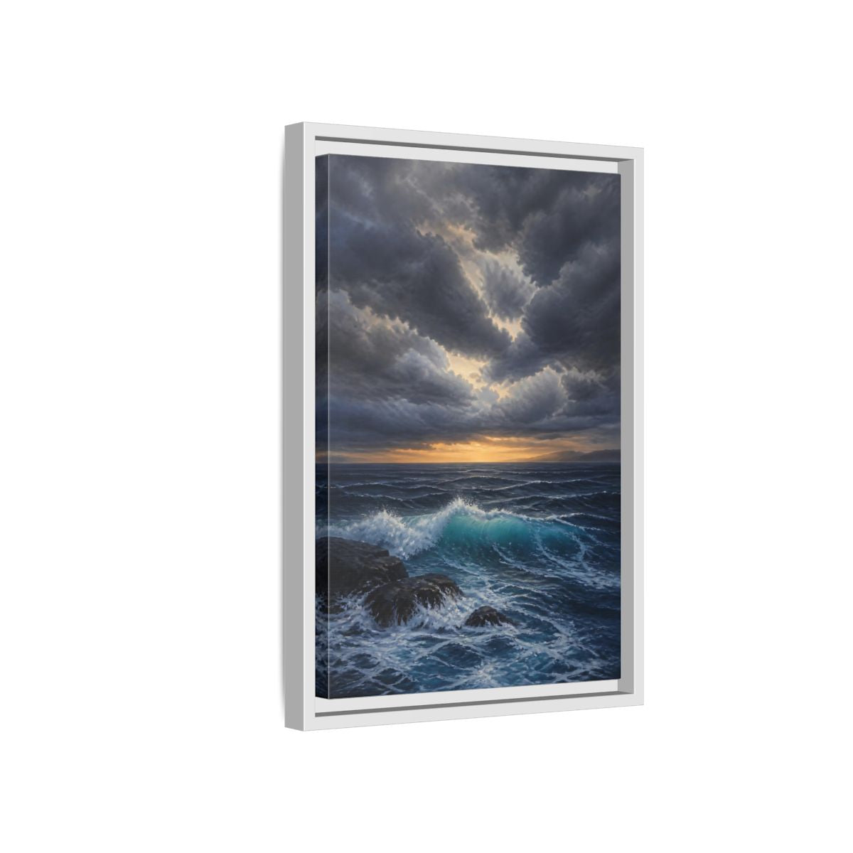 Side Mockup 4. Nature Ocean Waves Ocean Sunset Dark shown as stretched canvas wall art