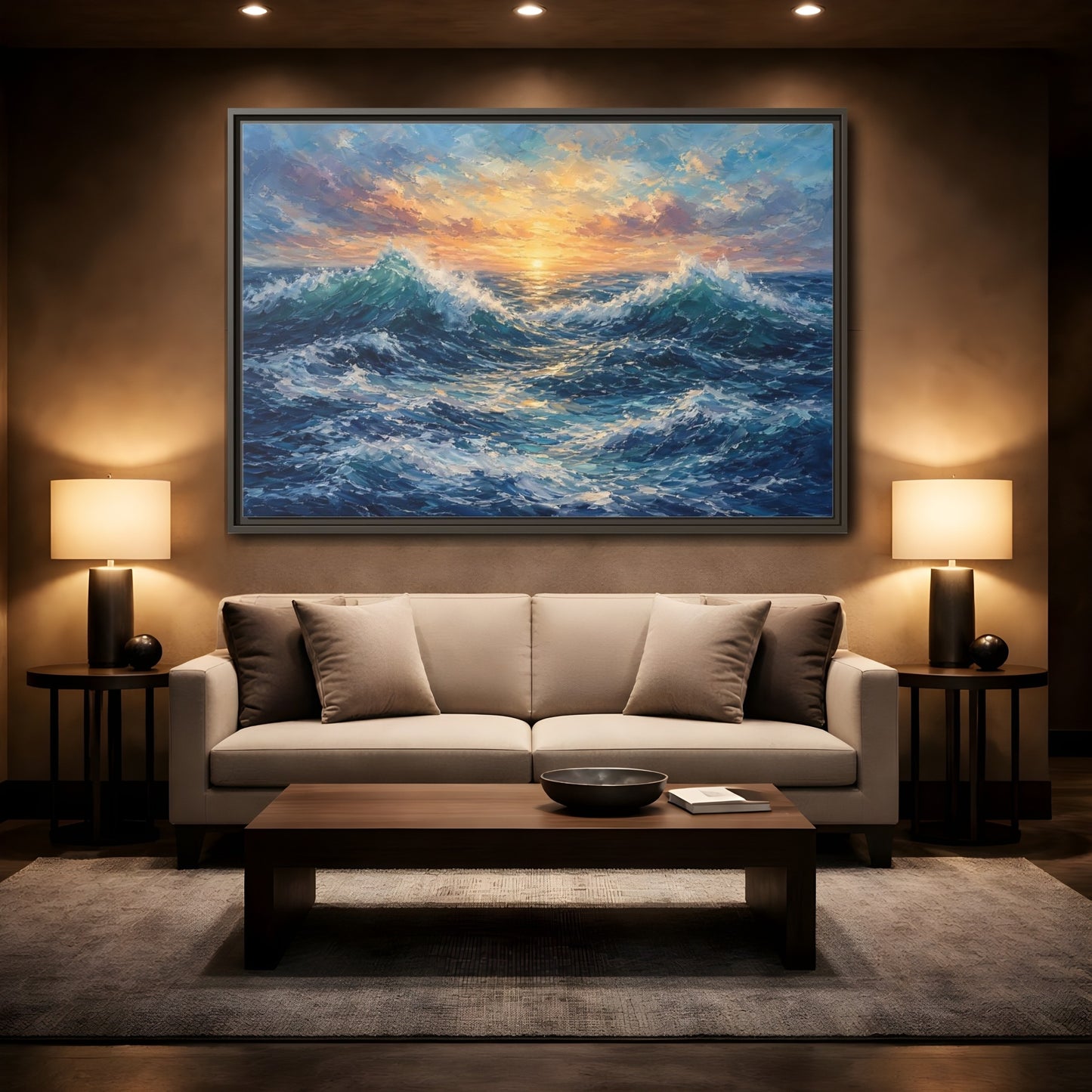 Mockup 2. Nature Ocean Waves Vibrant Ocean Waves shown as stretched canvas wall art