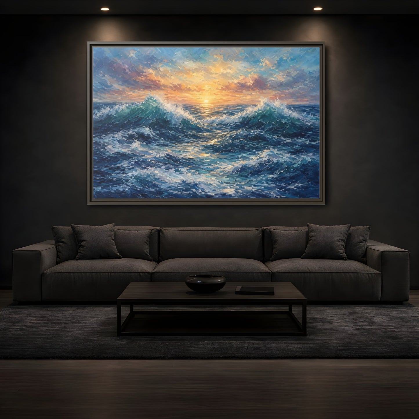 Mockup 3. Nature Ocean Waves Vibrant Ocean Waves shown as stretched canvas wall art
