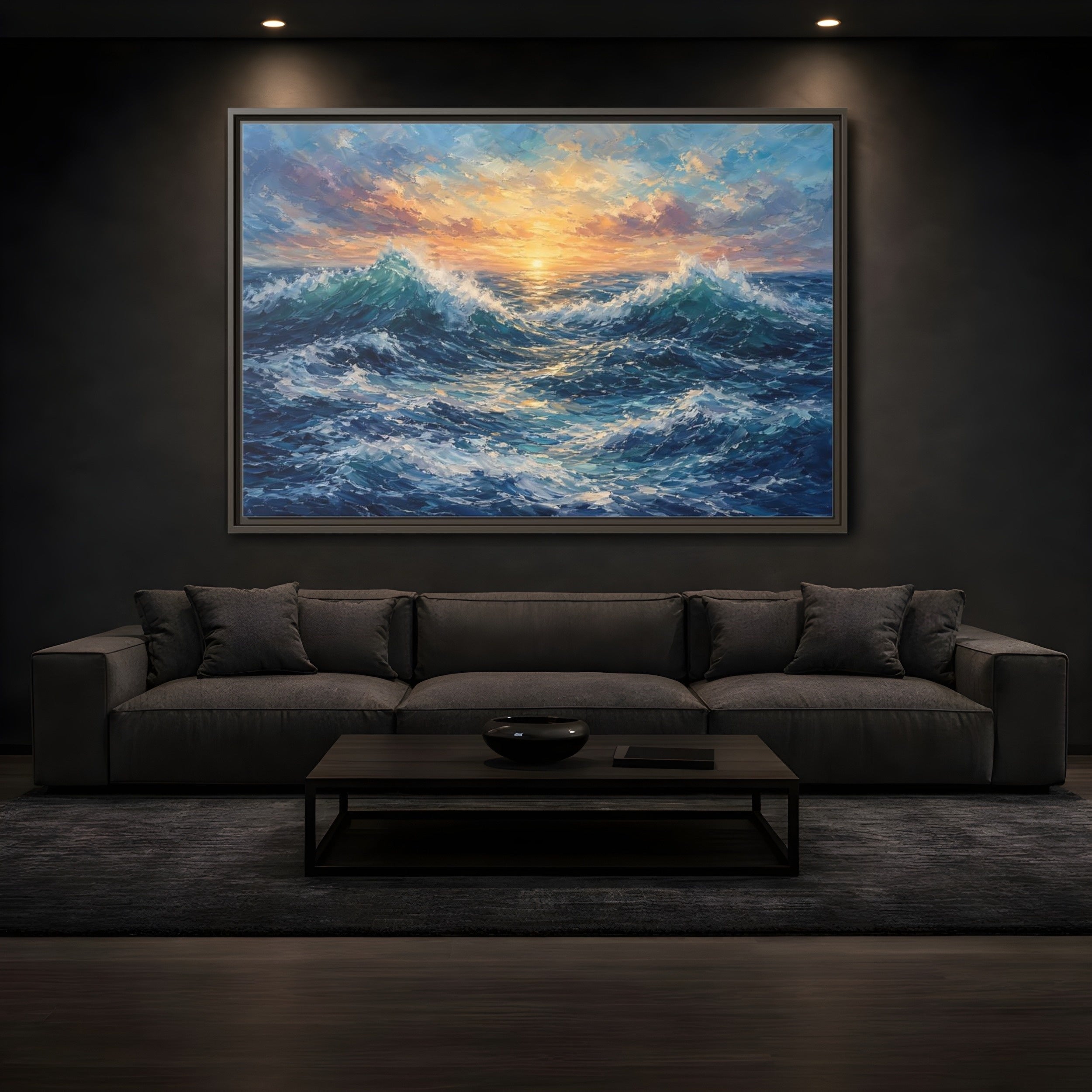 Mockup 3. Nature Ocean Waves Vibrant Ocean Waves shown as stretched canvas wall art
