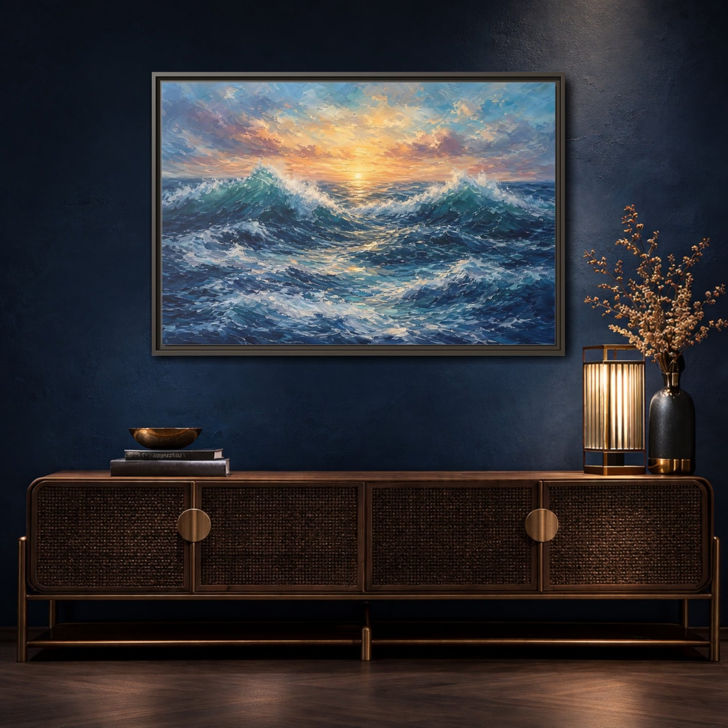 Mockup 4. Nature Ocean Waves Vibrant Ocean Waves shown as stretched canvas wall art