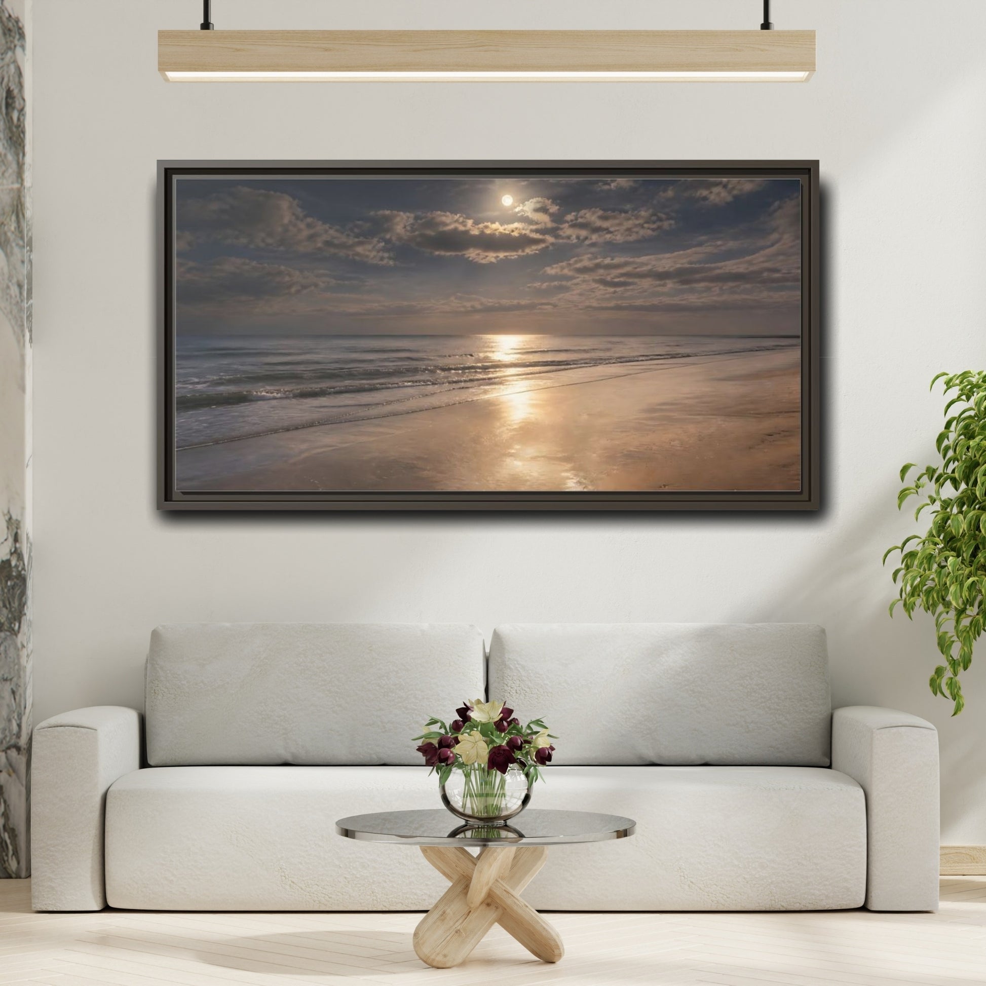 Mockup 2. Nature Ocean, Moon Moonlit Ocean shown as stretched canvas wall art