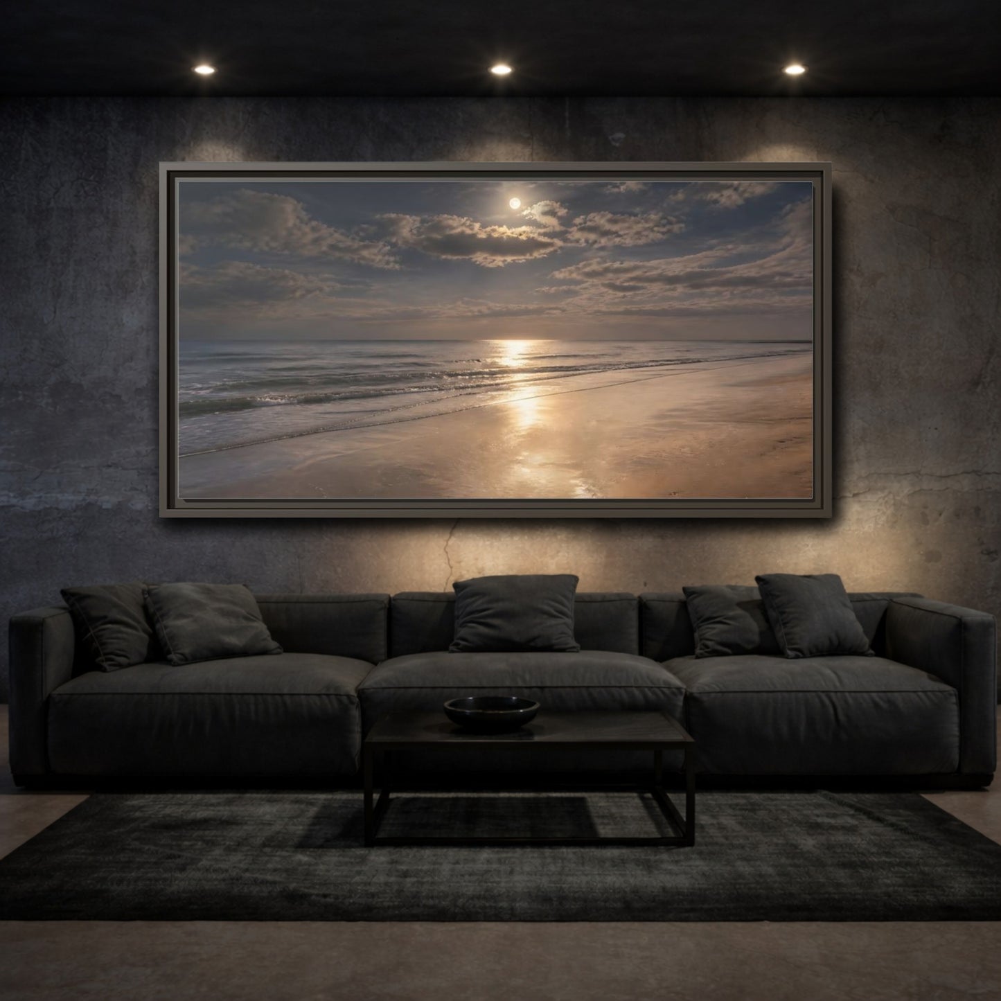 Mockup 3. Nature Ocean, Moon Moonlit Ocean shown as stretched canvas wall art