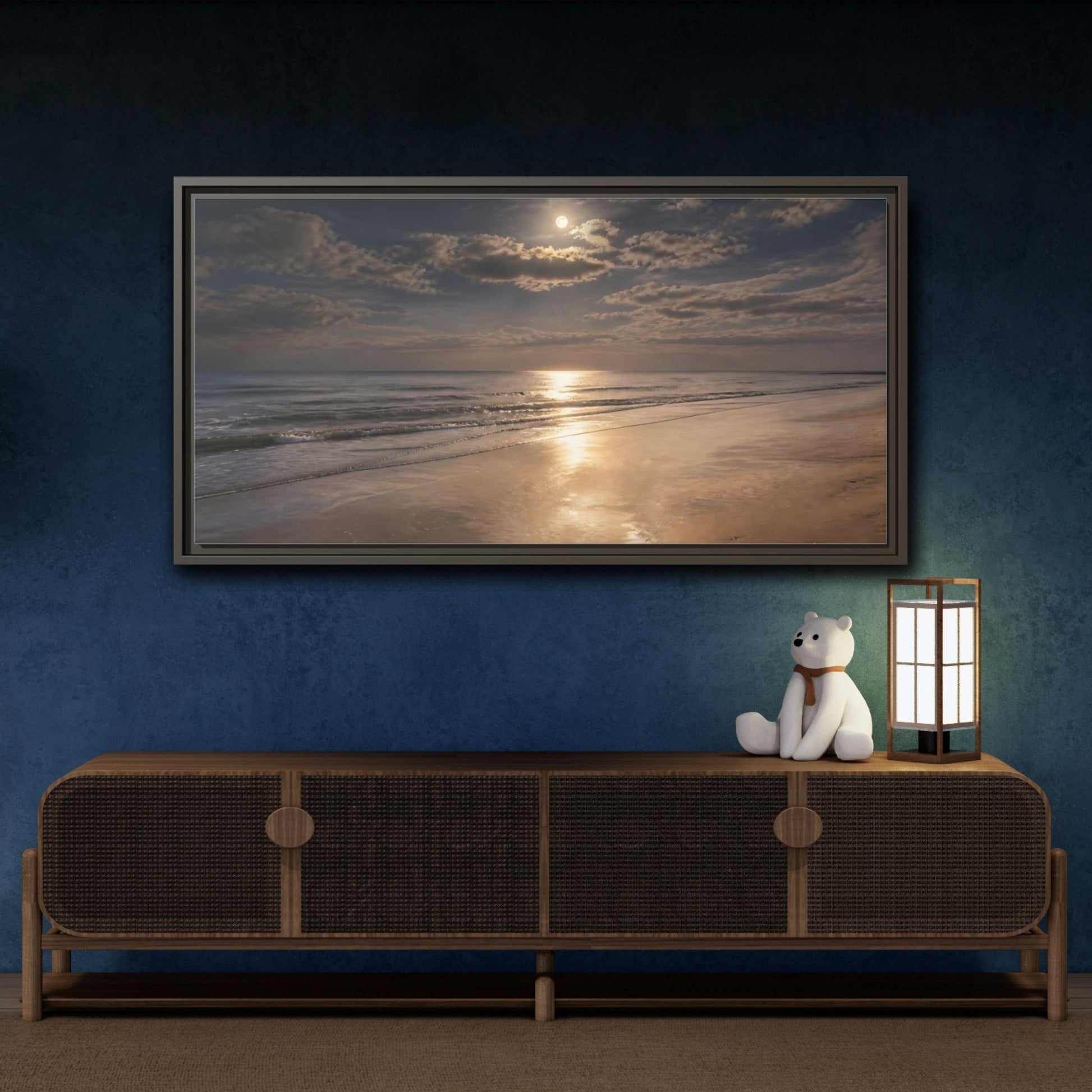 Mockup 4. Nature Ocean, Moon Moonlit Ocean shown as stretched canvas wall art