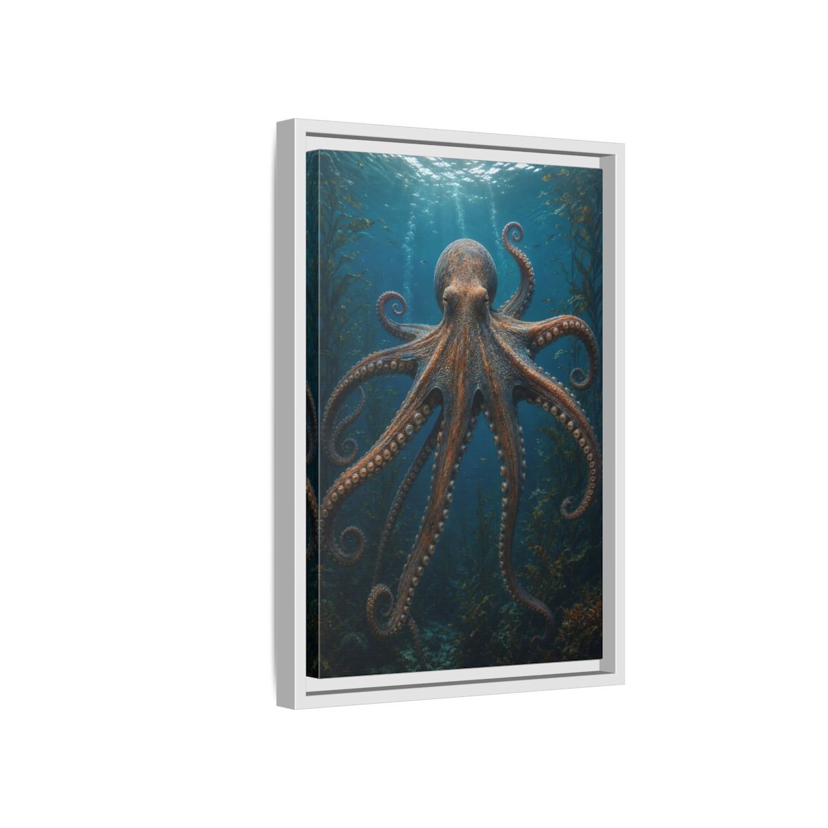 Side Mockup 4. Nature Octopus Blue And Orange shown as stretched canvas wall art