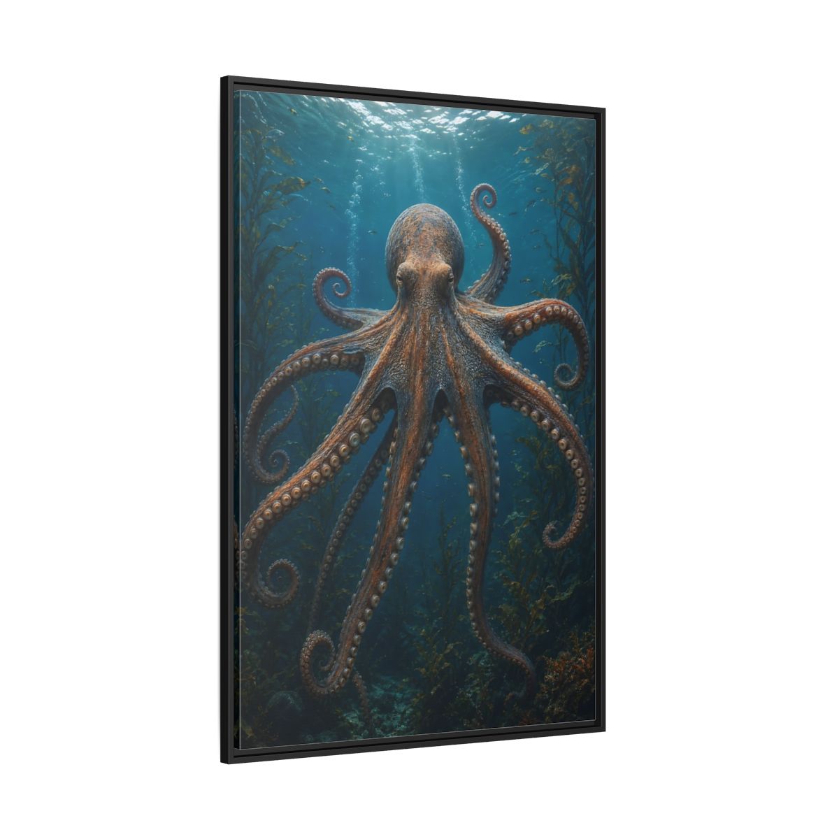 Side Mockup 12. Nature Octopus Blue And Orange shown as stretched canvas wall art