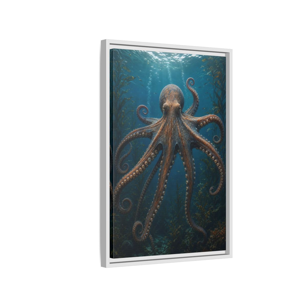 Side Mockup 1. Nature Octopus Blue And Orange shown as stretched canvas wall art