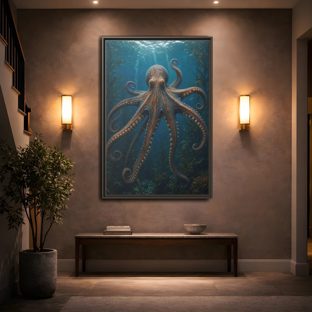 Mockup 2. Nature Octopus Blue And Orange shown as stretched canvas wall art