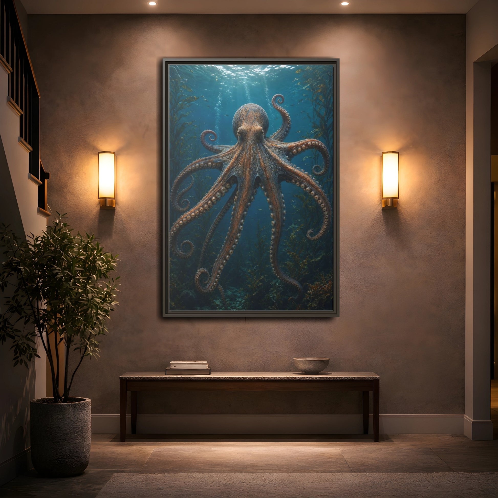 Mockup 2. Nature Octopus Blue And Orange shown as stretched canvas wall art