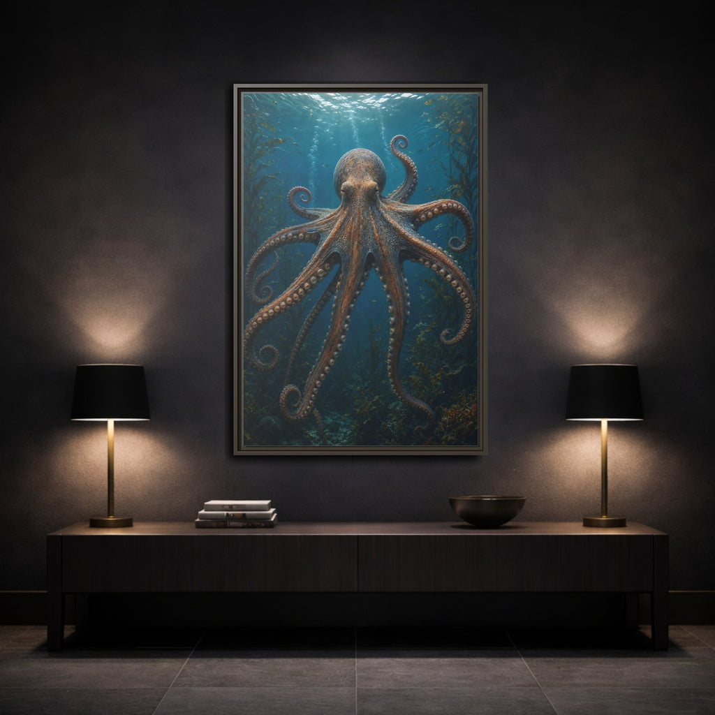 Mockup 3. Nature Octopus Blue And Orange shown as stretched canvas wall art