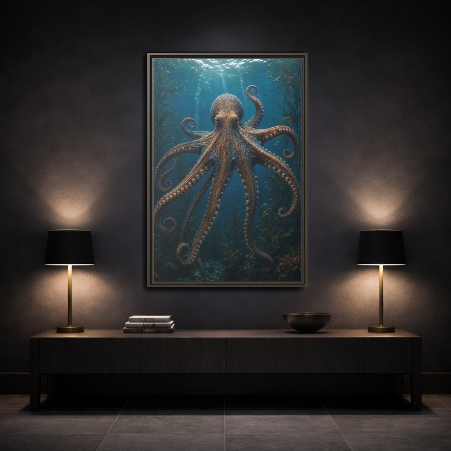 Mockup 3. Nature Octopus Blue And Orange shown as stretched canvas wall art