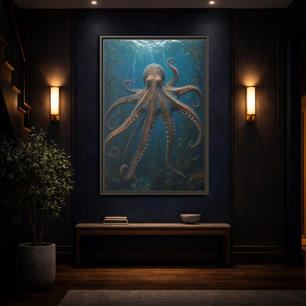 Mockup 4. Nature Octopus Blue And Orange shown as stretched canvas wall art