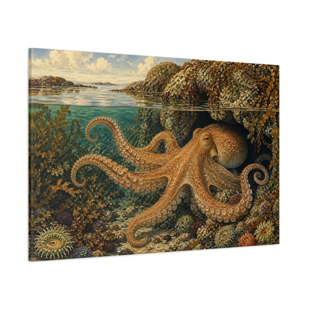 Side Mockup 1. Nature Octopus Underwater Octopus shown as stretched canvas wall art