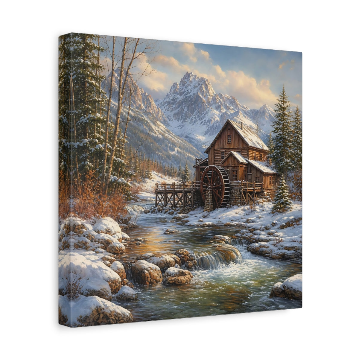 Side Mockup 8. Nature Old Mill Winter River Mill shown as stretched canvas wall art
