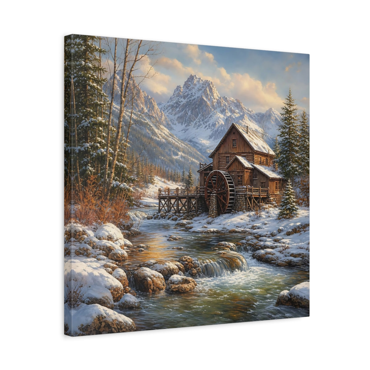 Side Mockup 5. Nature Old Mill Winter River Mill shown as stretched canvas wall art
