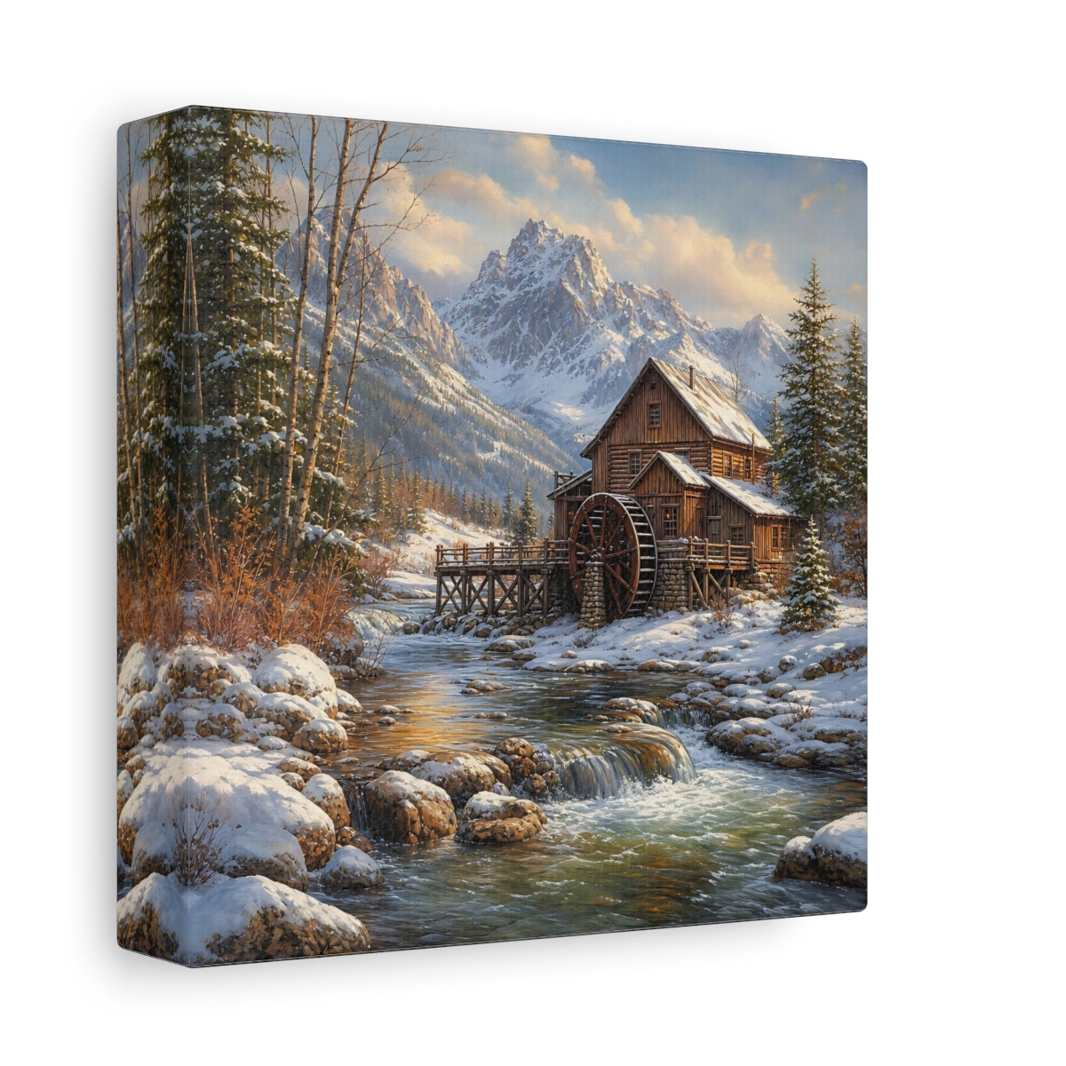 Side Mockup 2. Nature Old Mill Winter River Mill shown as stretched canvas wall art