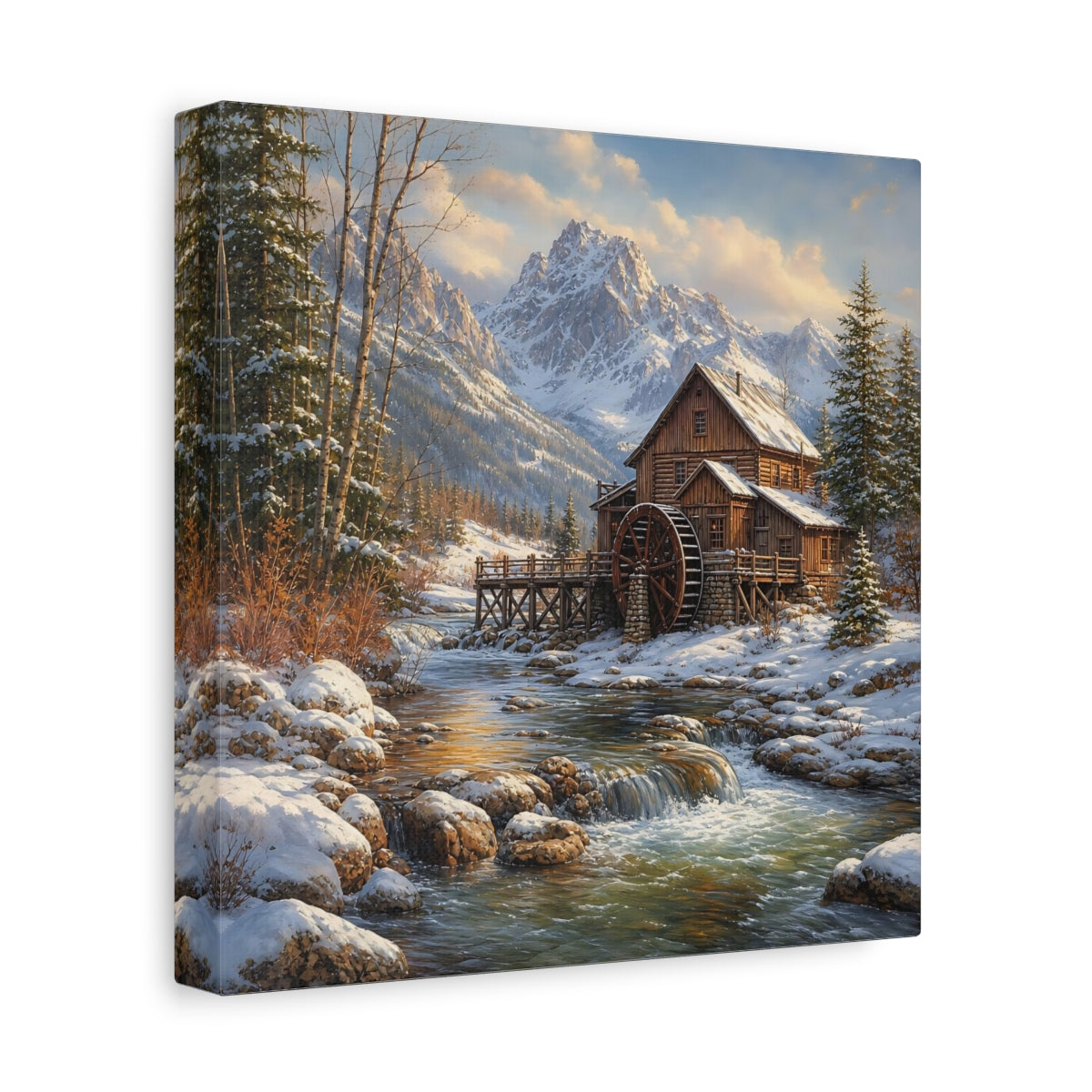 Side Mockup 9. Nature Old Mill Winter River Mill shown as stretched canvas wall art