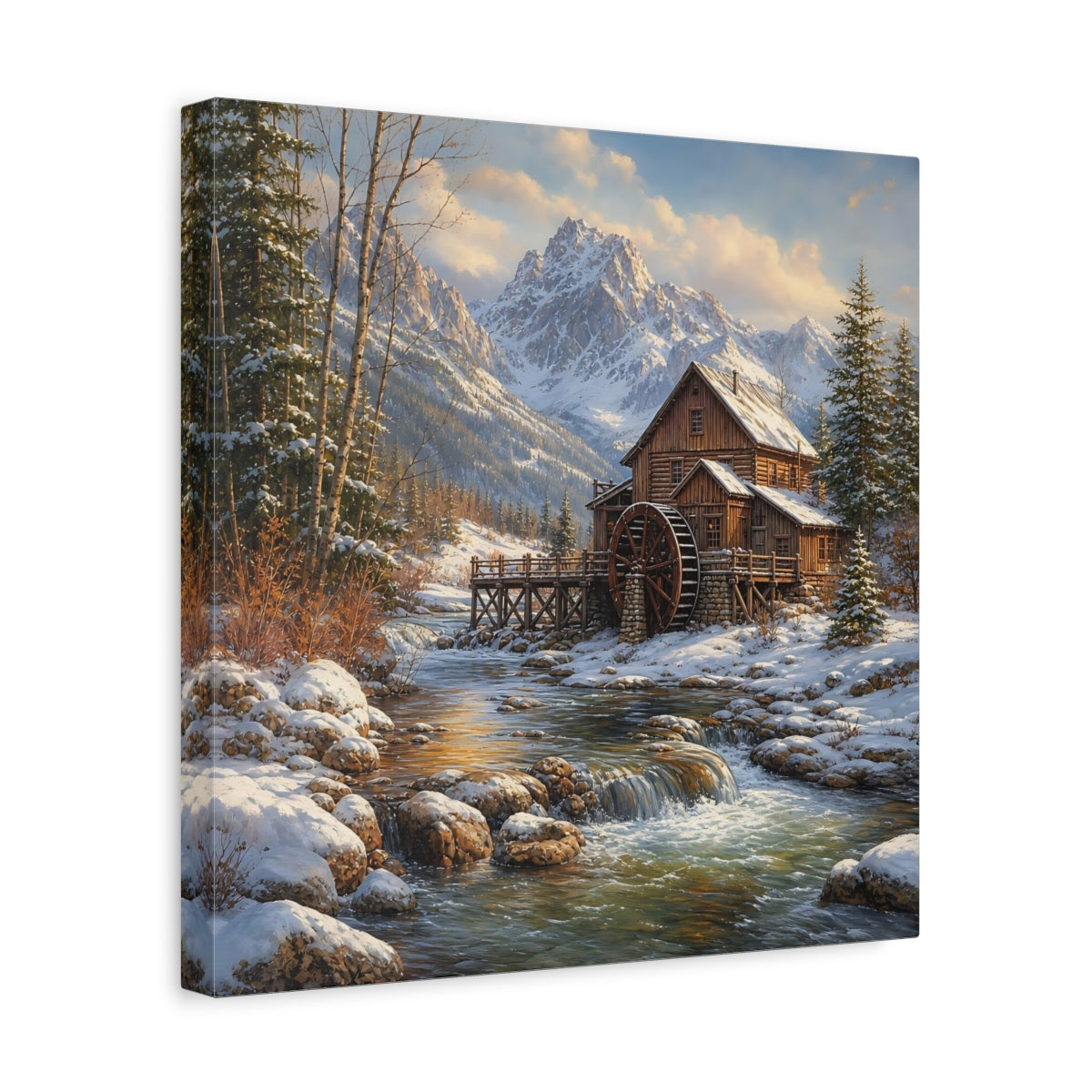 Side Mockup 7. Nature Old Mill Winter River Mill shown as stretched canvas wall art