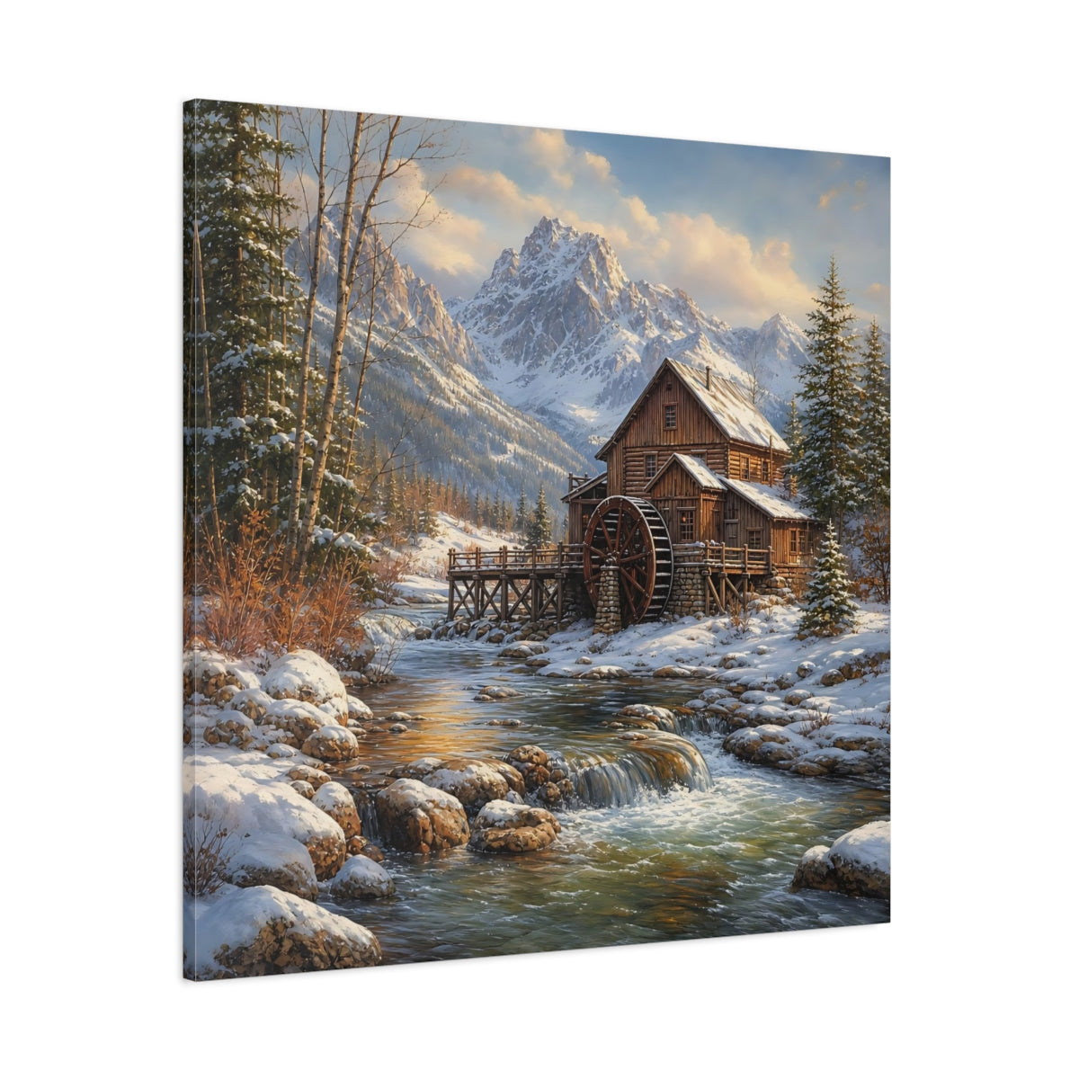 Side Mockup 1. Nature Old Mill Winter River Mill shown as stretched canvas wall art