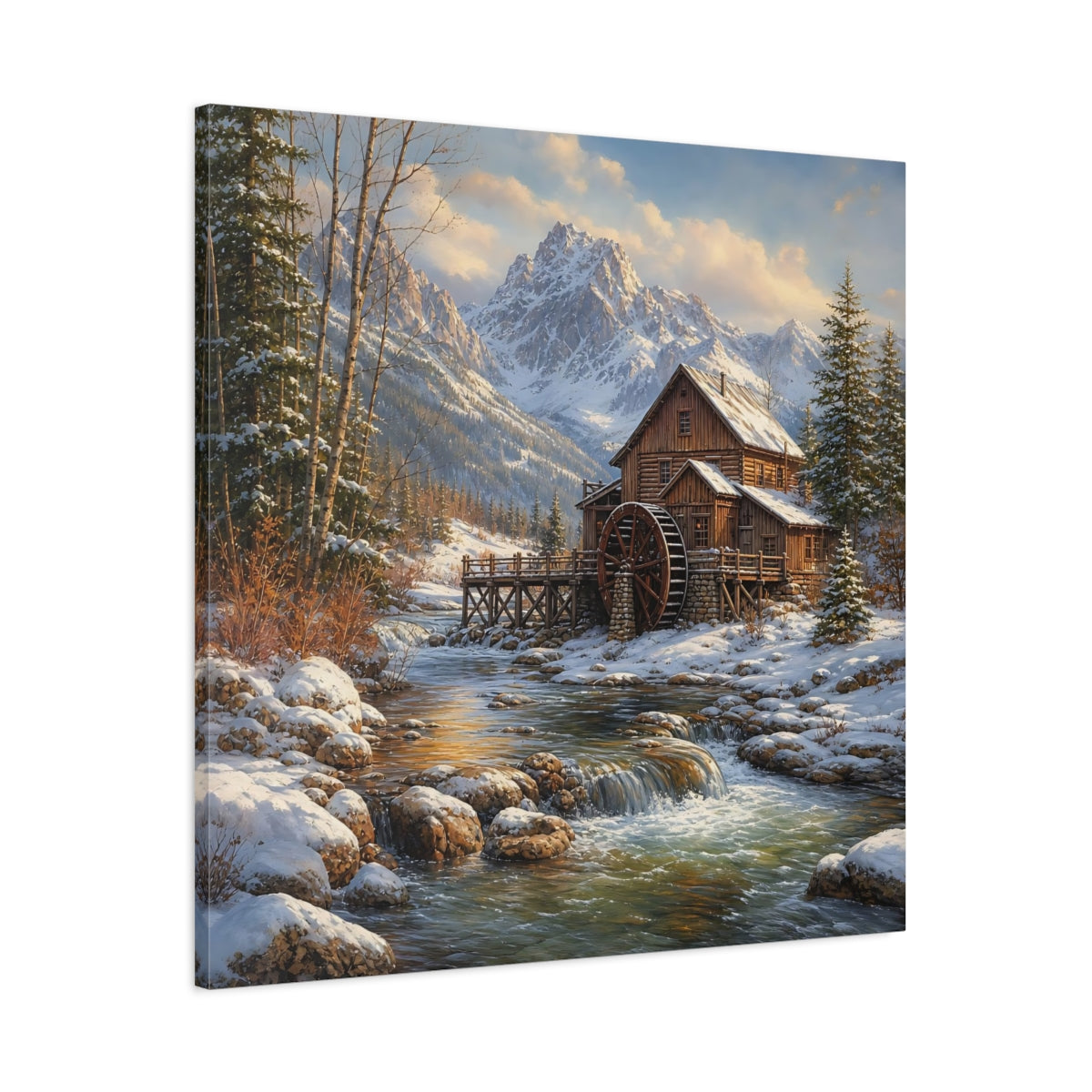 Main Mockup. Nature Old Mill Winter River Mill shown as stretched canvas wall art