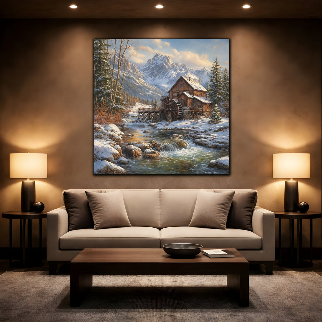 Mockup 2. Nature Old Mill Winter River Mill shown as stretched canvas wall art