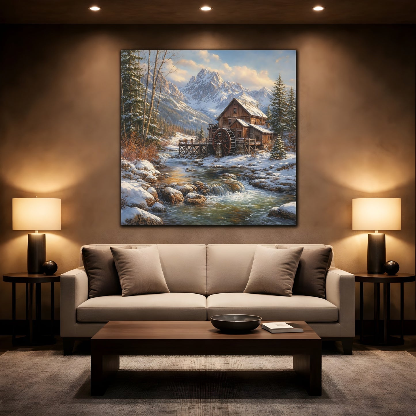 Mockup 2. Nature Old Mill Winter River Mill shown as stretched canvas wall art
