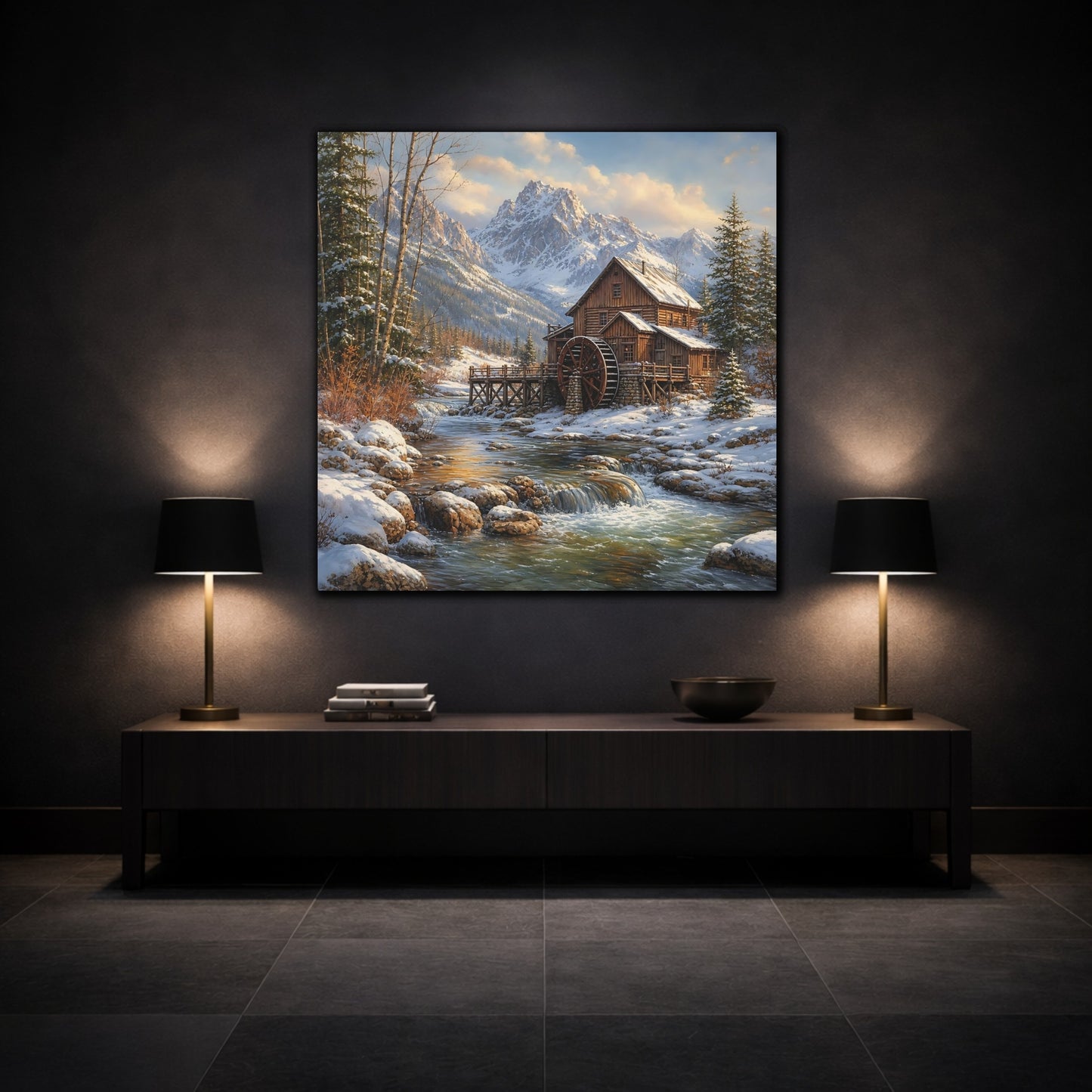Mockup 3. Nature Old Mill Winter River Mill shown as stretched canvas wall art