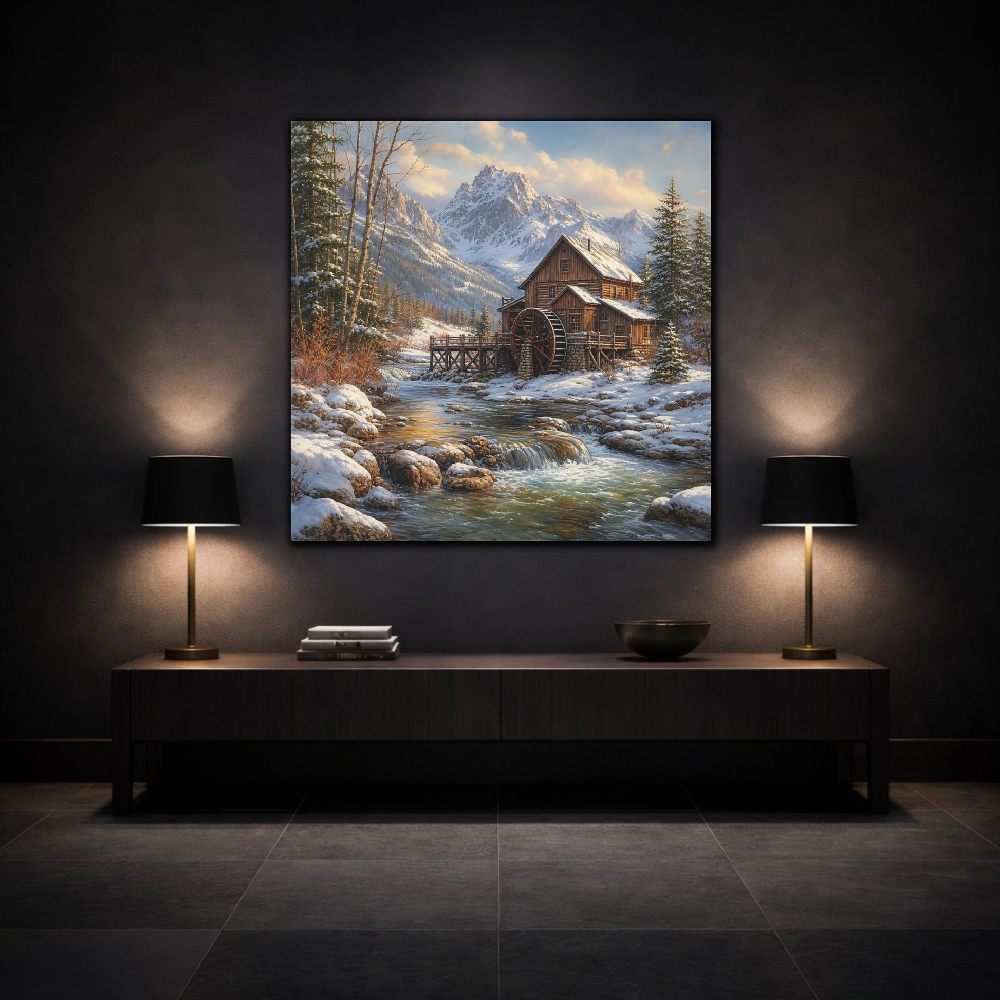 Mockup 3. Nature Old Mill Winter River Mill shown as stretched canvas wall art