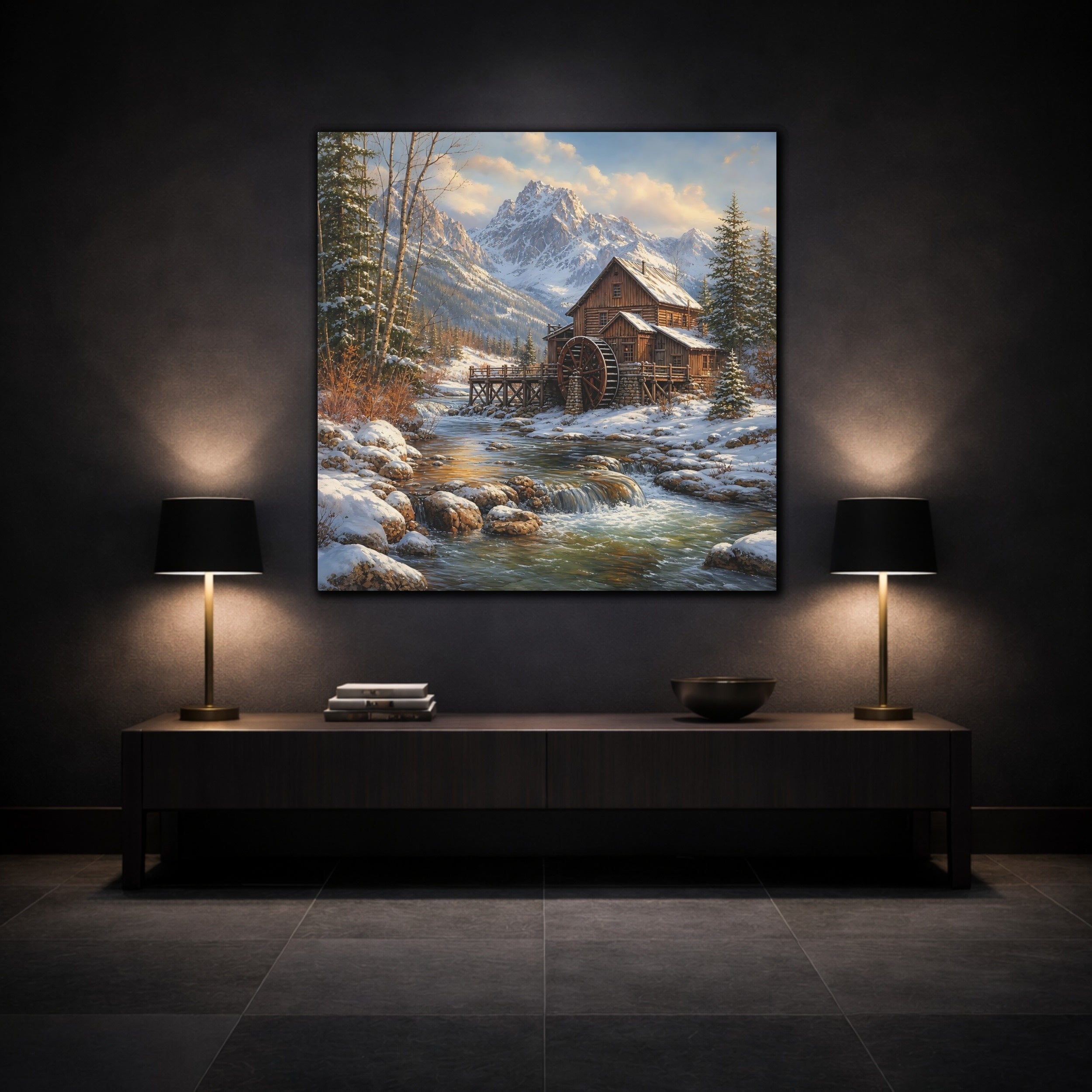 Mockup 3. Nature Old Mill Winter River Mill shown as stretched canvas wall art