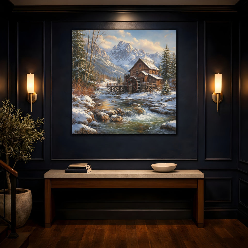 Mockup 4. Nature Old Mill Winter River Mill shown as stretched canvas wall art