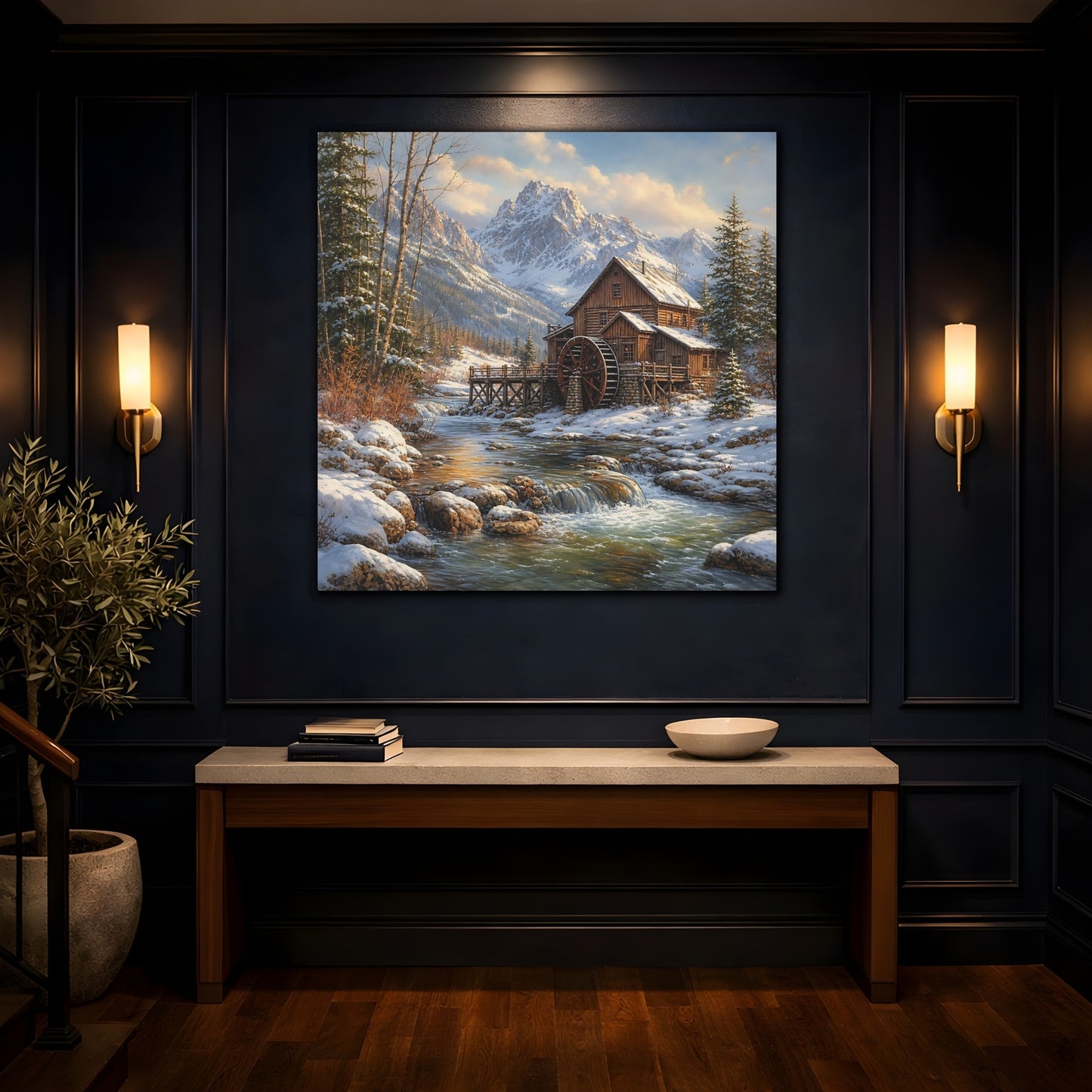 Mockup 4. Nature Old Mill Winter River Mill shown as stretched canvas wall art