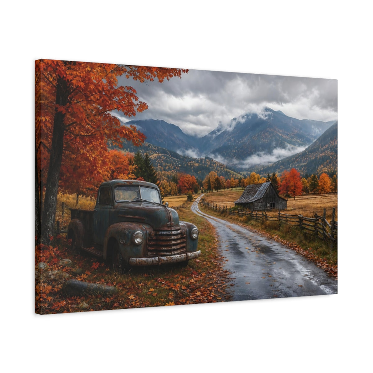 Side Mockup 2. Nature Old Truck Autumn Landscape Truck shown as stretched canvas wall art